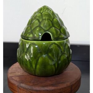 Vintage MCM Artichoke Dish‎ w/Lid Green Slot for Spoon